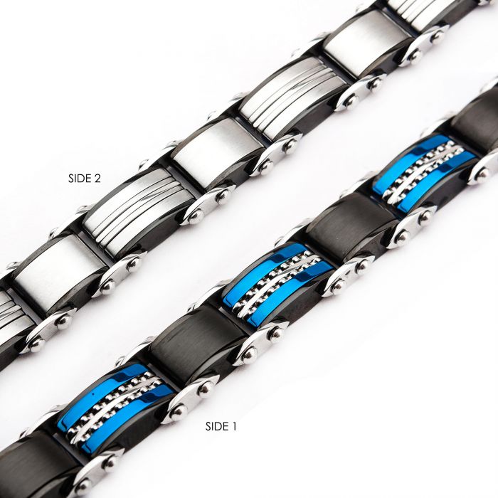 DOUBLE SIDED STAINLESS STEEL BLACK PLATED & BLUE PLATED REVERSIBLE BRACELET