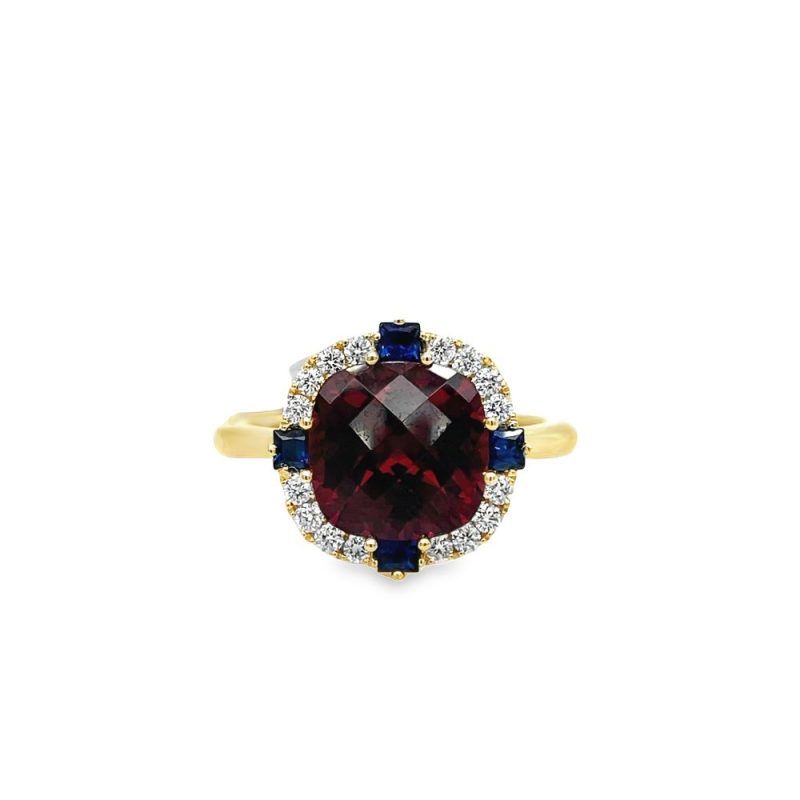 RHODALITE GARNET, SAPPHIRE & DIAMOND RING