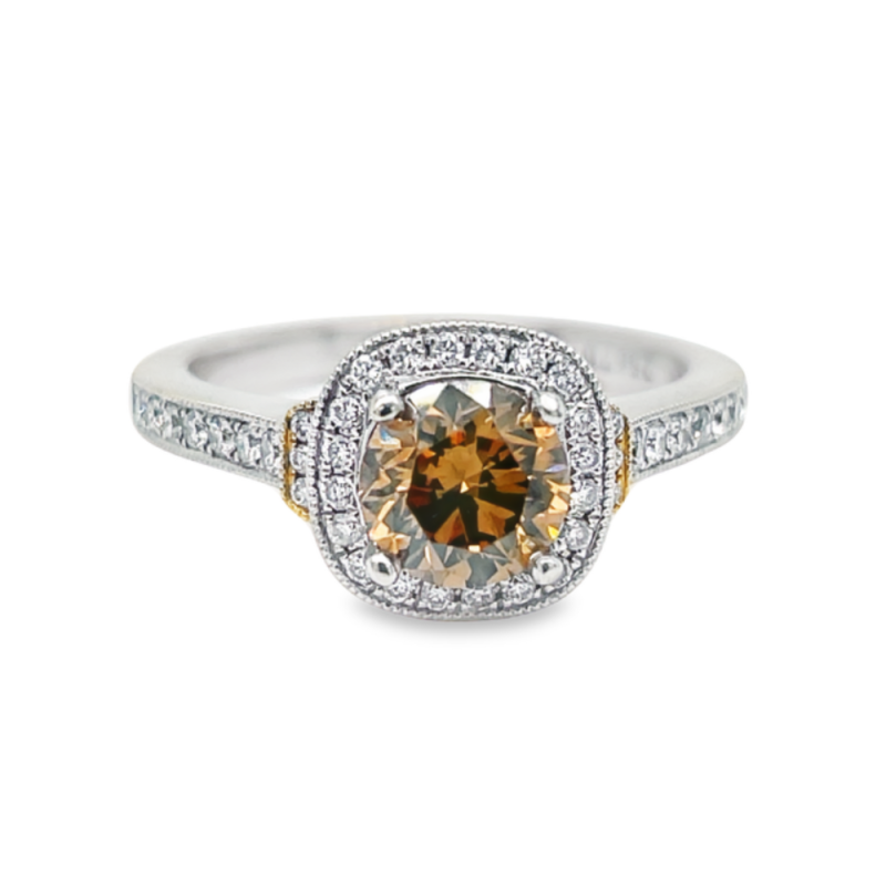 1.01ct ROUND BRILLIANT CUT BROWN DIAMOND HALO ENGAGEMENT RING