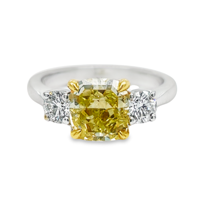 2.01ct FANCY INTENSE YELLOW CUSHION CUT DIAMOND ENGAGEMENT RING