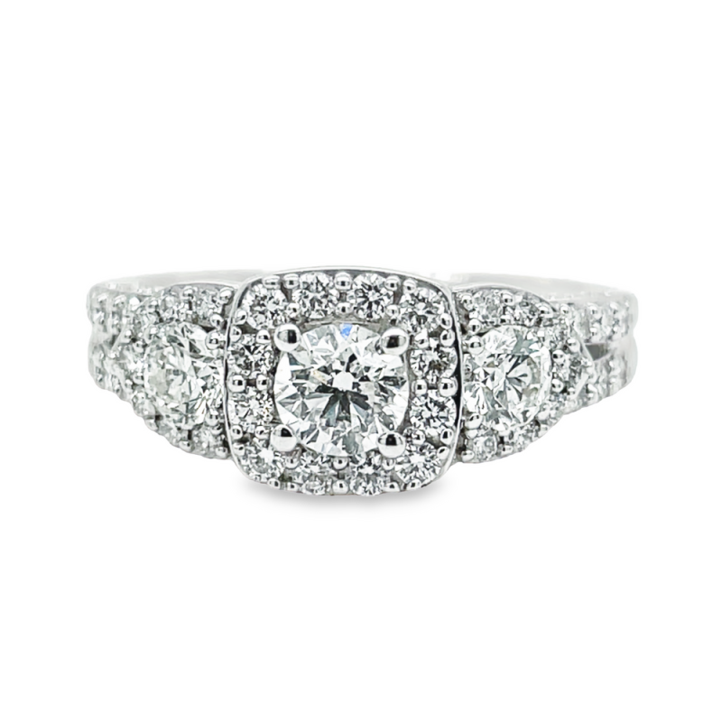 .89ct TOTAL WEIGHT THREE STONE ROUND BRILLIANT CUT DIAMOND HALO ENGAGEMENT RING