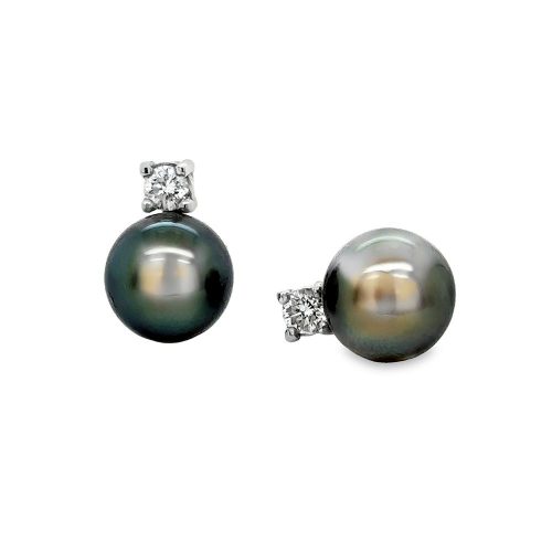 9.5-10mm TAHITIAN PEARL & DIAMOND STUD EARRINGS