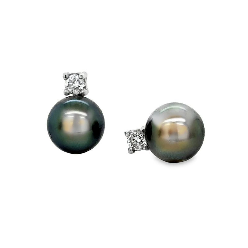9.5-10mm TAHITIAN PEARL & DIAMOND STUD EARRINGS