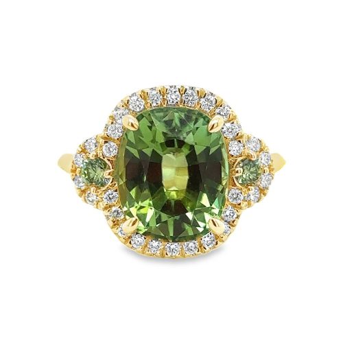 GREEN TOURMALINE WITH GREEN & WHITE DIAMOND HALO RING