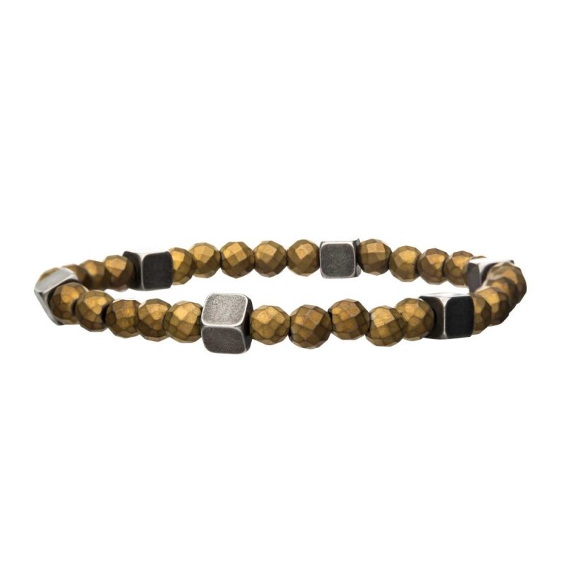 GOLD HEMATITE W/ ANTIQUE SILVER BRASS BLOCK BRACELET