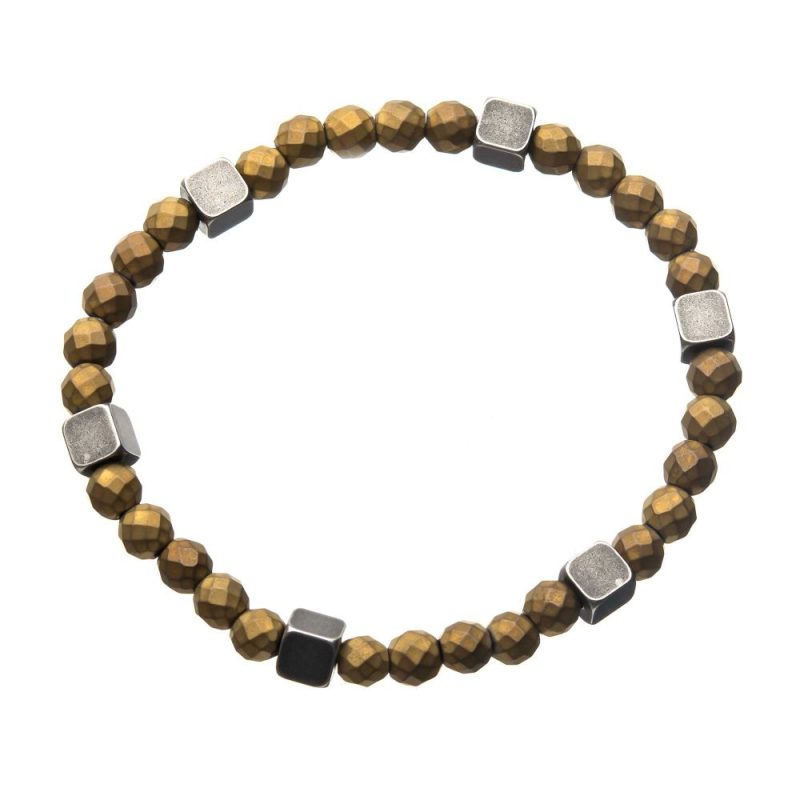 GOLD HEMATITE W/ ANTIQUE SILVER BRASS BLOCK BRACELET - Image 2