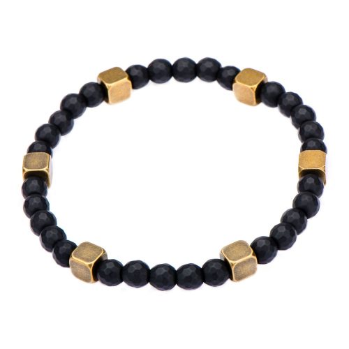 BLACK HEMATITE W/ ANTIQUE GOLD BRASS BEADS BRACELET