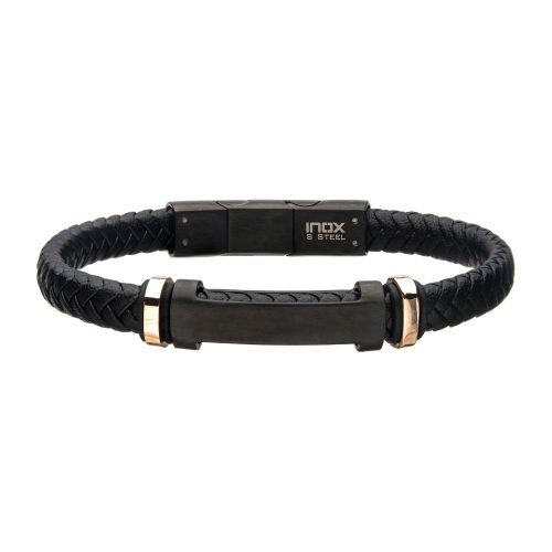 BLACK LEATHER W/ ROSE GOLD PLATED BEADS & BLACK PLATED ENGRAVABLE ID BRACELET