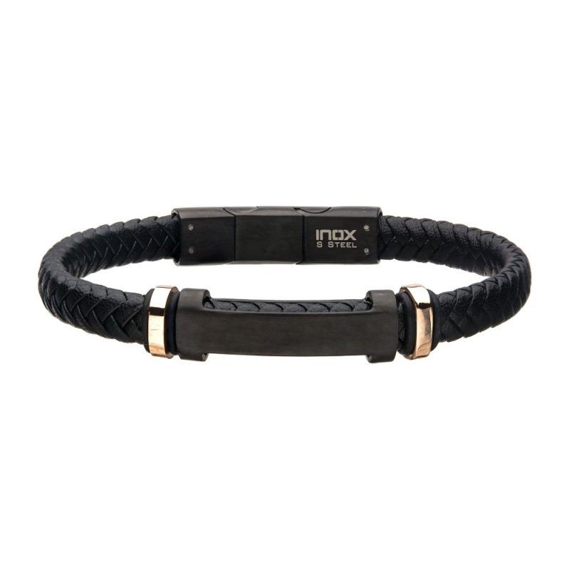 BLACK LEATHER W/ ROSE GOLD PLATED BEADS & BLACK PLATED ENGRAVABLE ID BRACELET