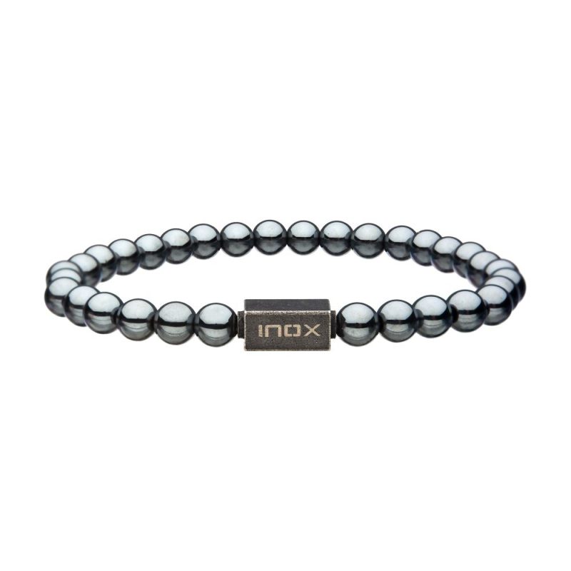 HEMATITE GEMSTONE STRETCH BEAD BRACELET WITH STEEL CLASP