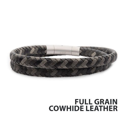 GREY DOUBLE WRAP BRAIDED FULL GRAIN COWHIDE LEATHER BRACELET