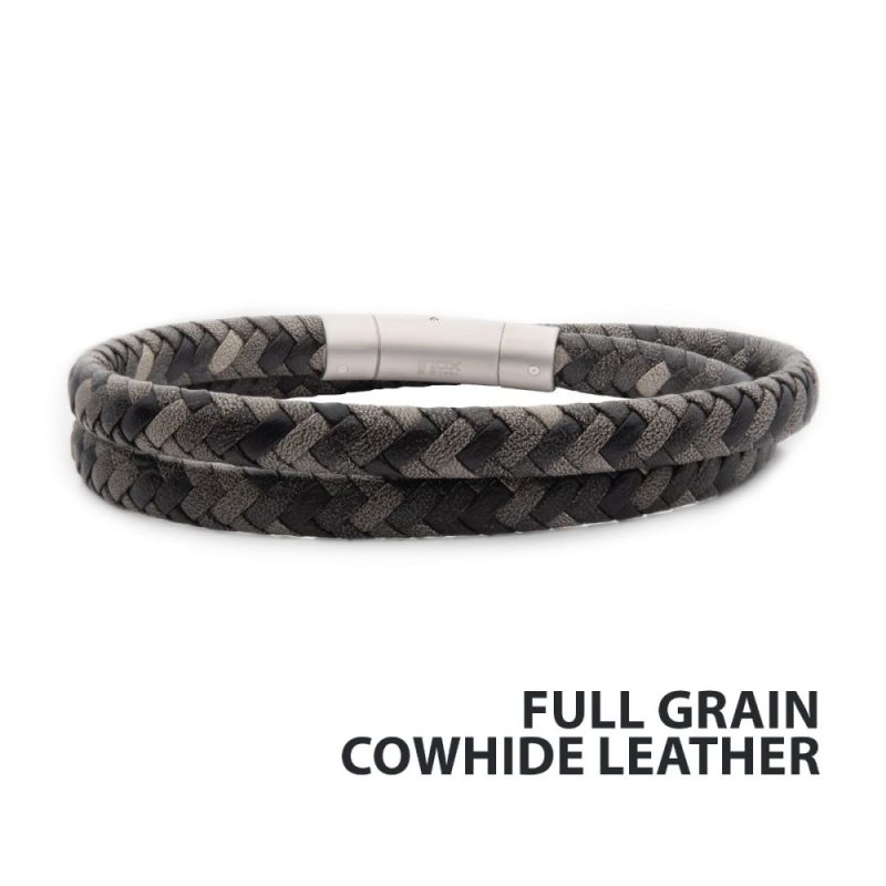 GREY DOUBLE WRAP BRAIDED FULL GRAIN COWHIDE LEATHER BRACELET