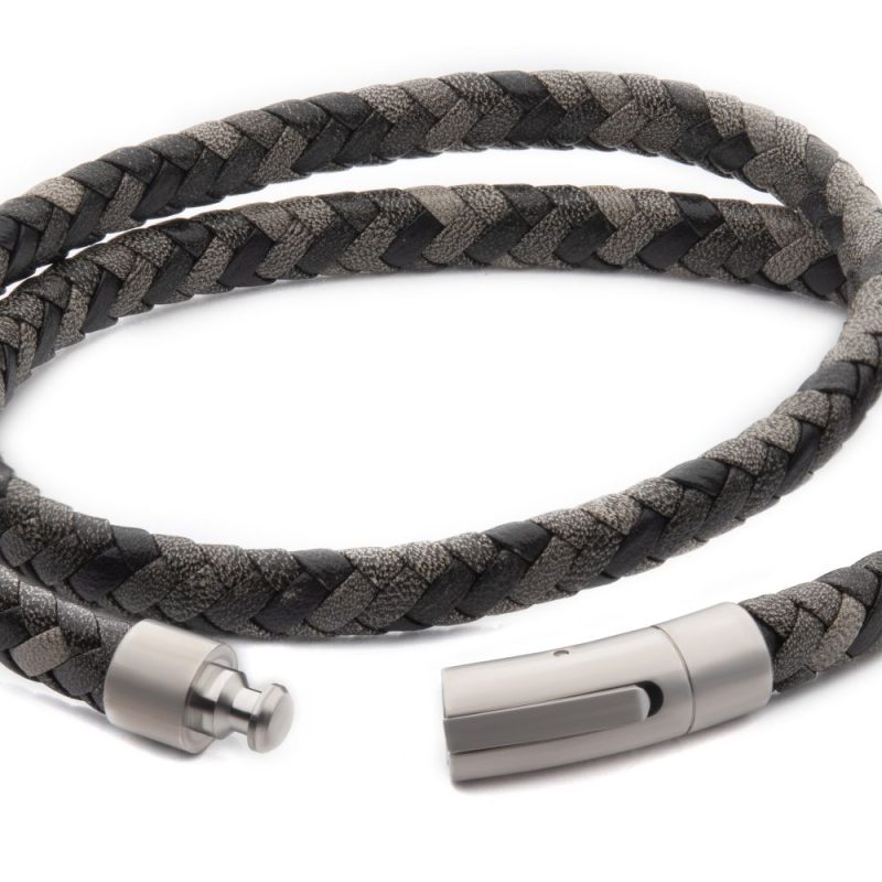 GREY DOUBLE WRAP BRAIDED FULL GRAIN COWHIDE LEATHER BRACELET - Image 2