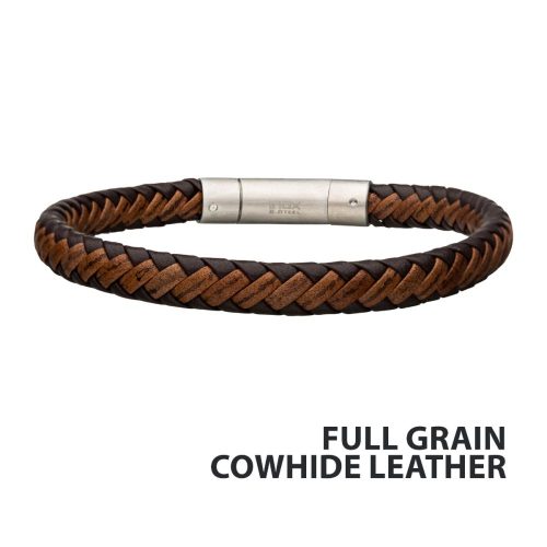 DARK & LIGHT BROWN FULL GRAIN COWHIDE LEATHER BRACELET WITH STEEL CLASP