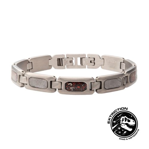 GUN METAL IP STEEL MATTE FINISH METEORITE & BLACK DINOSAUR BONE INLAY LINK BRACELET
