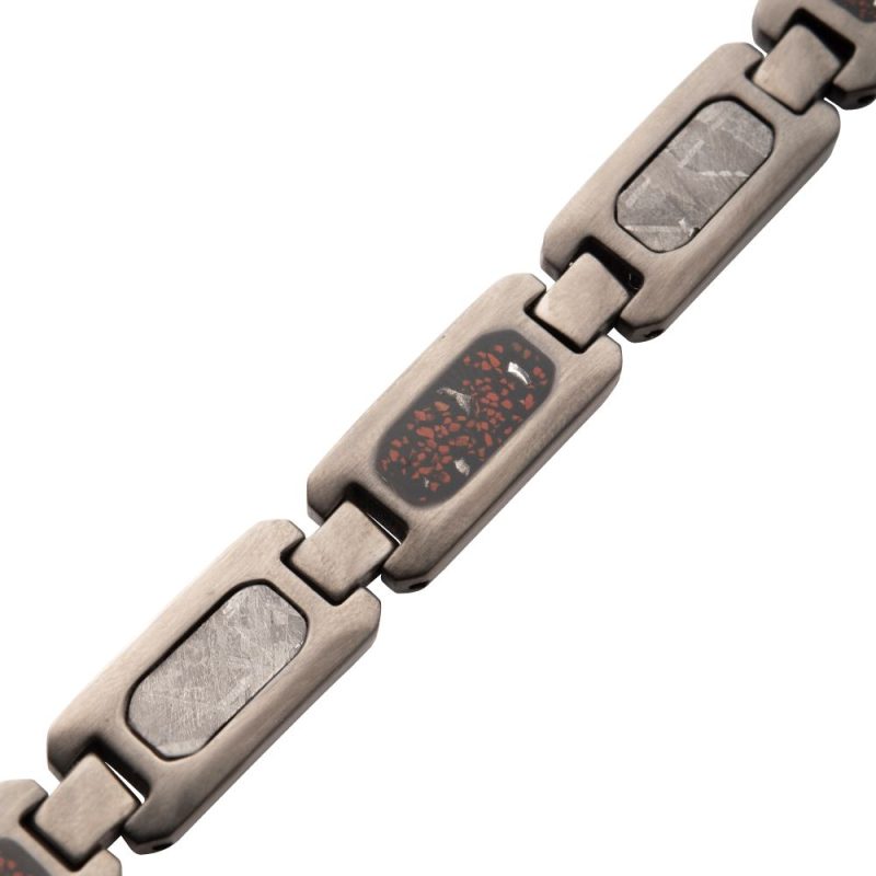 GUN METAL IP STEEL MATTE FINISH METEORITE & BLACK DINOSAUR BONE INLAY LINK BRACELET - Image 2