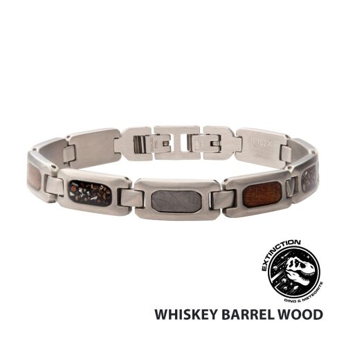 STAINLESS STEEL MATTE FINISH LINK BRACELET WITH METEORITE, WHISKEY BARREL WOOD & BLACK DINOSAUR BONE INLAY