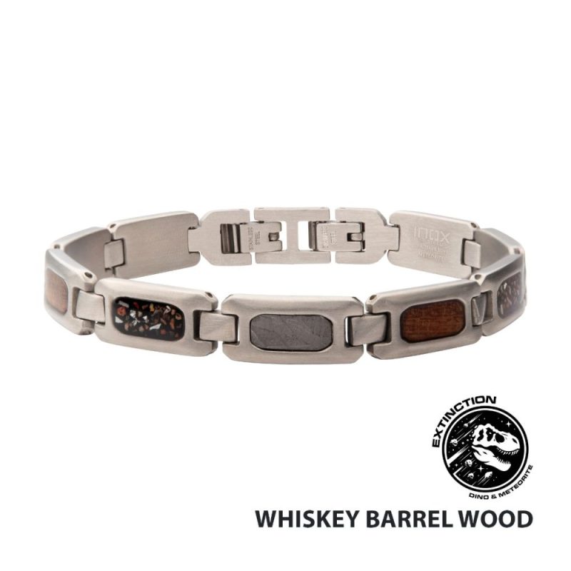STAINLESS STEEL MATTE FINISH LINK BRACELET WITH METEORITE, WHISKEY BARREL WOOD & BLACK DINOSAUR BONE INLAY