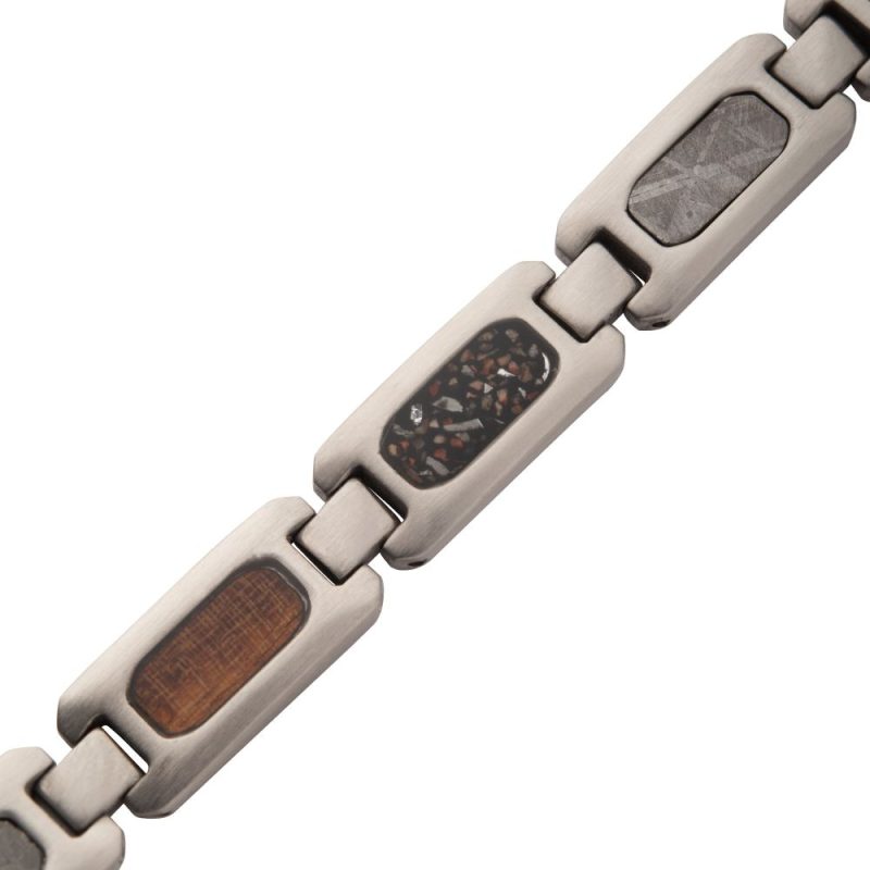 STAINLESS STEEL MATTE FINISH LINK BRACELET WITH METEORITE, WHISKEY BARREL WOOD & BLACK DINOSAUR BONE INLAY - Image 2