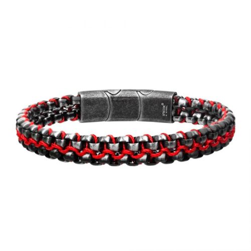 ALLEGIANCE STAINLESS STEEL BRACELET WITH RED WAX CORD BINDING 2 ANTIQUE BRUSHED BOLD BOX LINKS