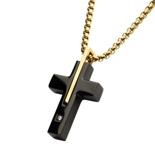 18KT GOLD IP STAINLESS STEEL TWO TONE BLACK IP LAB GROWN DIAMOND CROSS PENDANT WITH BOX CHAIN