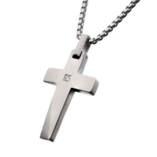 STAINLESS STEEL LAB-GROWN DIAMOND MATTE FINISH BEVELED CROSS PENDANT