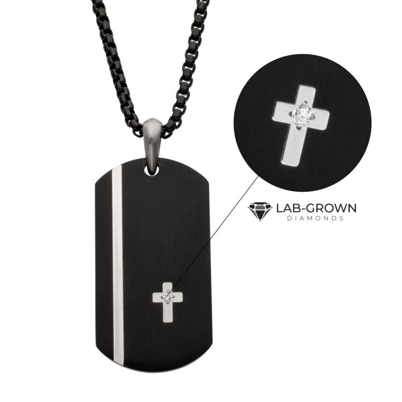 BLACK IP STEEL DOG TAG PENDANT WITH LAB GROWN DIAMOND CROSS INLAY - Image 3
