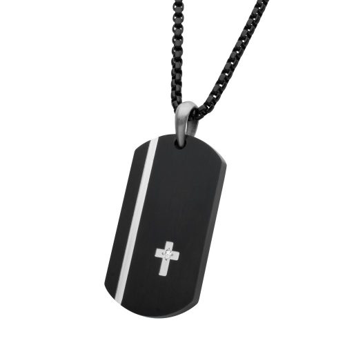 BLACK IP STEEL DOG TAG PENDANT WITH LAB GROWN DIAMOND CROSS INLAY