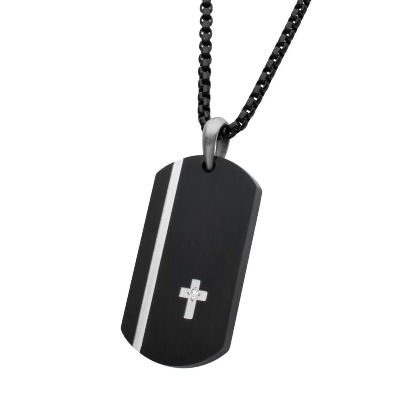 BLACK IP STEEL DOG TAG PENDANT WITH LAB GROWN DIAMOND CROSS INLAY