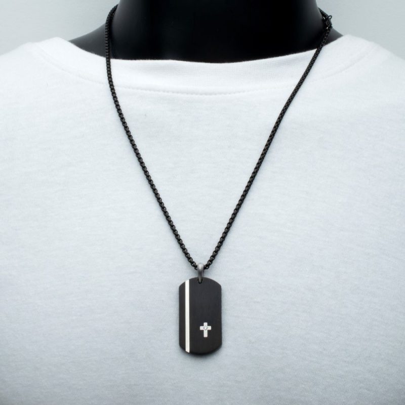 BLACK IP STEEL DOG TAG PENDANT WITH LAB GROWN DIAMOND CROSS INLAY - Image 2
