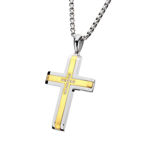 18K GOLD PLATED STEEL LAB GROWN DIAMOND CROSS PENDANT