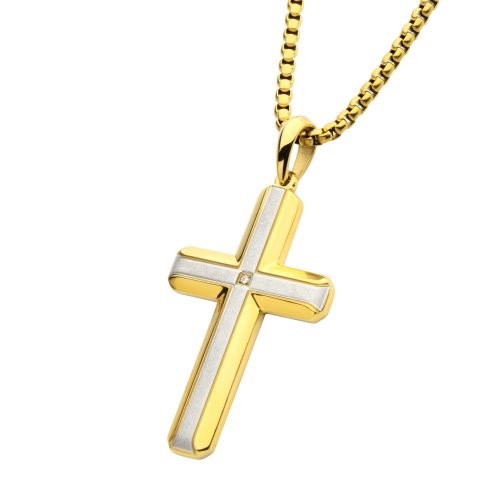 18K GOLD PLATED STEEL LAB GROWN DIAMOND BRUSHED CROSS PENDANT