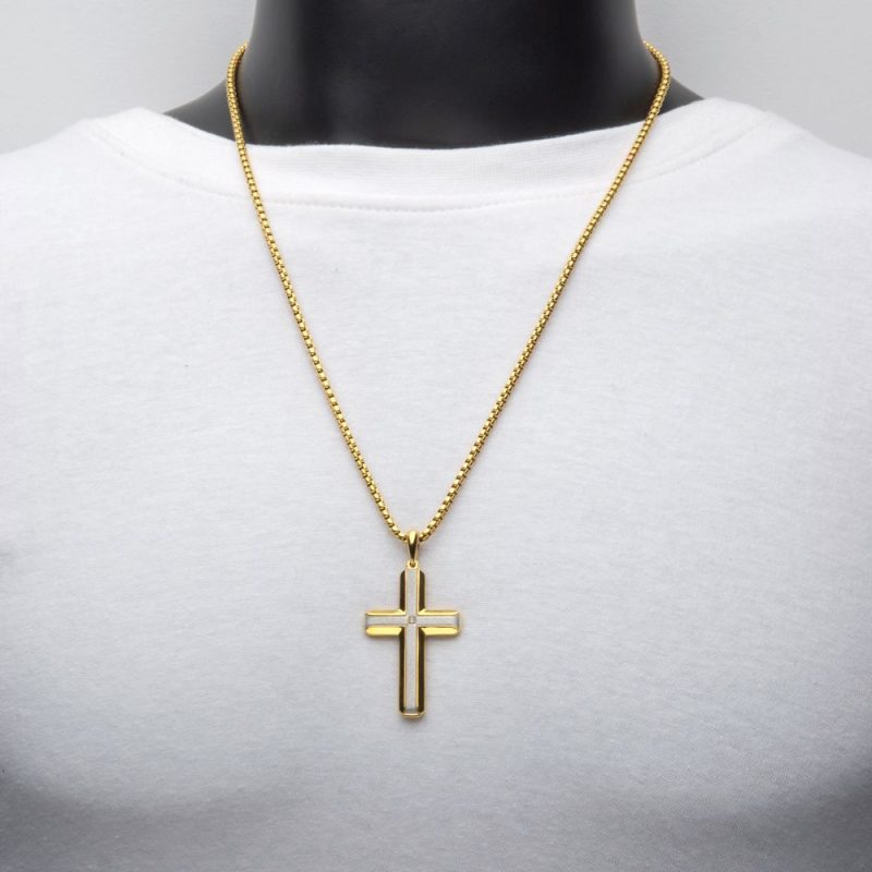 18K GOLD PLATED STEEL LAB GROWN DIAMOND BRUSHED CROSS PENDANT - Image 2