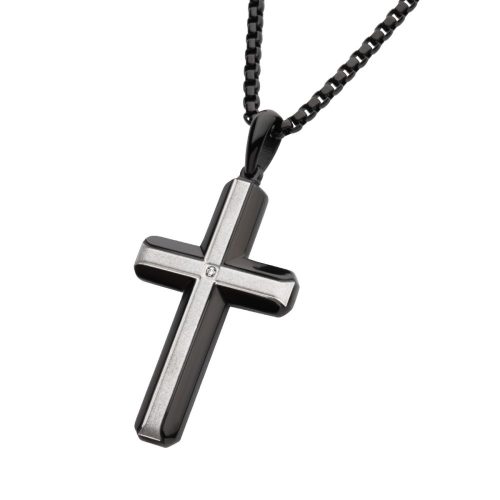 BLACK IP STEEL LAB GROWN DIAMOND BRUSHED FINISH CROSS PENDANT