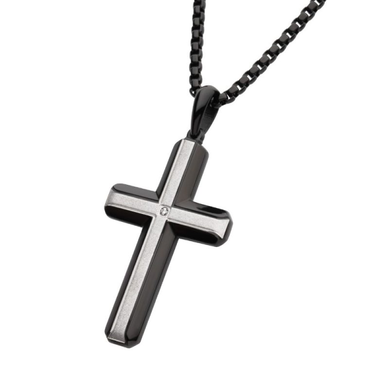 BLACK IP STEEL LAB GROWN DIAMOND BRUSHED FINISH CROSS PENDANT