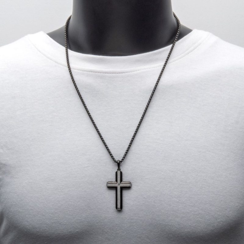 BLACK IP STEEL LAB GROWN DIAMOND BRUSHED FINISH CROSS PENDANT - Image 2