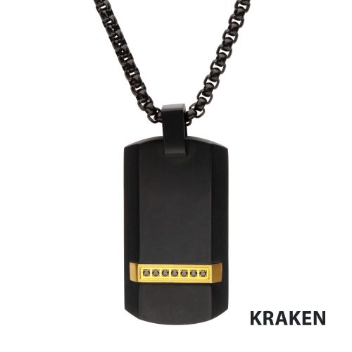 BLACK IP STEEL GENUINE BLACK SAPPHIRE GEM DOG TAG PENDANT WITH BOX CHAIN