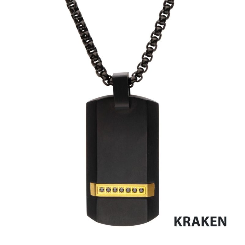 BLACK IP STEEL GENUINE BLACK SAPPHIRE GEM DOG TAG PENDANT WITH BOX CHAIN