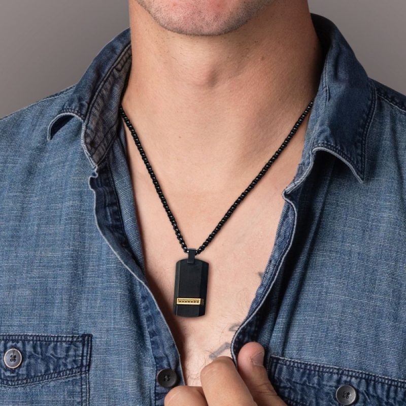 BLACK IP STEEL GENUINE BLACK SAPPHIRE GEM DOG TAG PENDANT WITH BOX CHAIN - Image 2