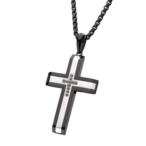 BLACK IP STEEL GENUINE BLACK SAPPHIRE GEM CROSS PENDANT WITH BOX CHAIN