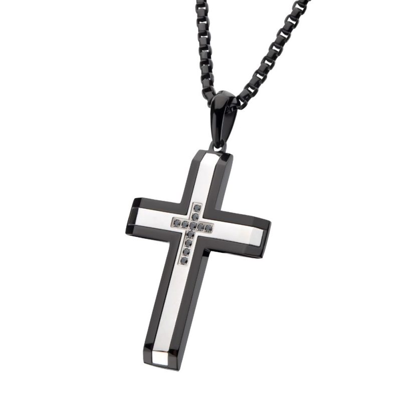 BLACK IP STEEL GENUINE BLACK SAPPHIRE GEM CROSS PENDANT WITH BOX CHAIN