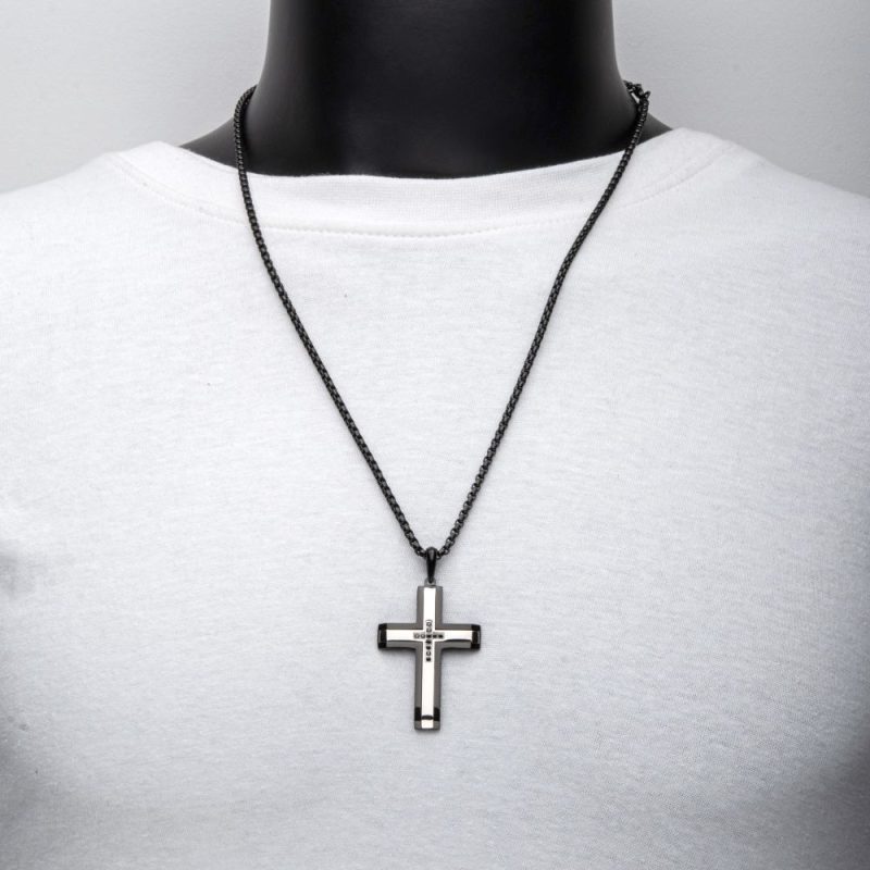 BLACK IP STEEL GENUINE BLACK SAPPHIRE GEM CROSS PENDANT WITH BOX CHAIN - Image 2
