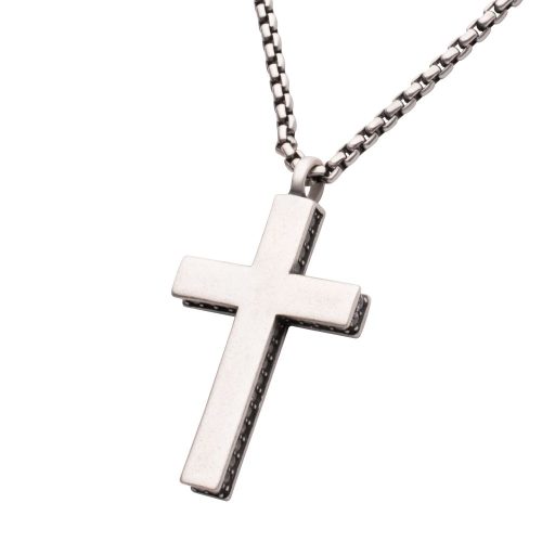 STERLING SILVER SIDE GEM CROSS PENDANT WITH ANTIQUED FINISH BOX CHAIN
