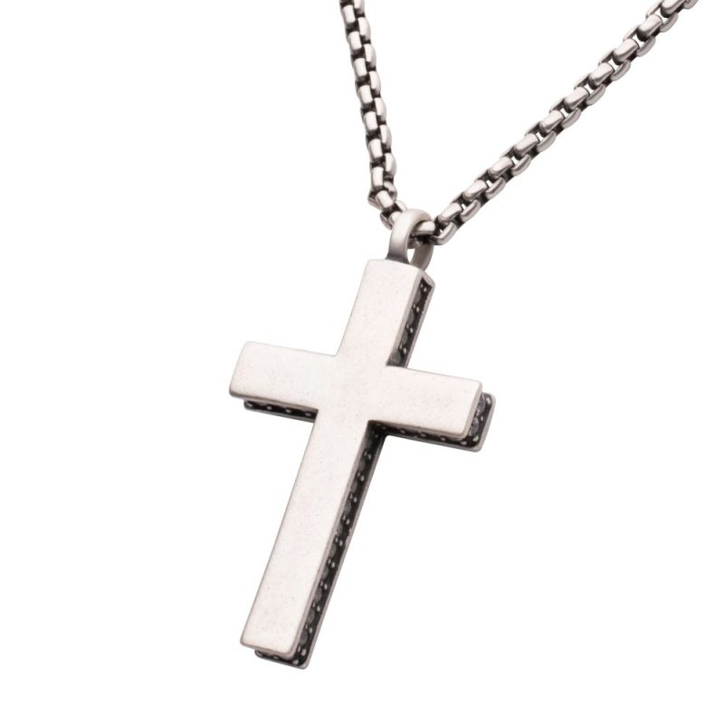 STERLING SILVER SIDE GEM CROSS PENDANT WITH ANTIQUED FINISH BOX CHAIN