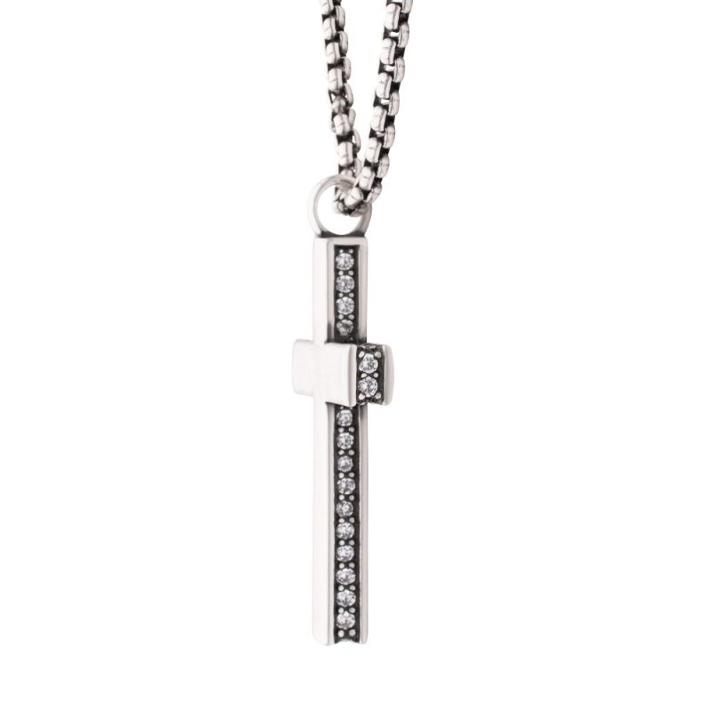 STERLING SILVER SIDE GEM CROSS PENDANT WITH ANTIQUED FINISH BOX CHAIN - Image 2