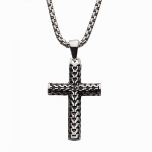 STAINLESS STEEL SCALE CROSS DROP PENDANT WITH BOLD BOX CHAIN