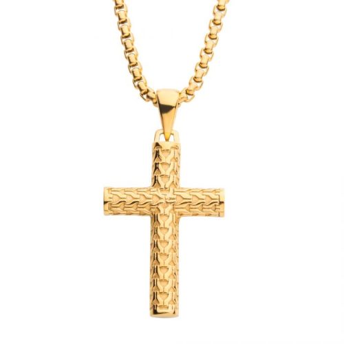 POLISHED 18K GOLD PLATED SCALE CROSS DROP PENDANT WITH BOLD BOX CHAIN