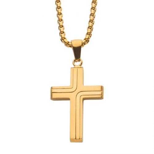 18K YELLOW GOLD PLATED CROSS DROP PENDANT WITH ROUND BOX CHAIN