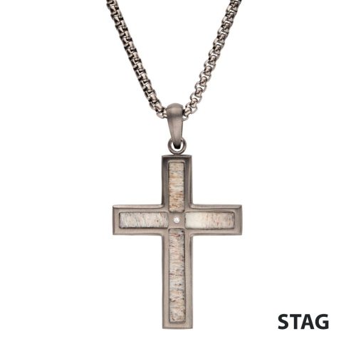 GUN METAL IP STEEL MATTE FINISH DEER ANTLER INLAY WITH CZ CROSS PENDANT