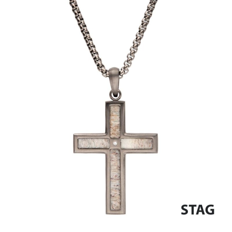 GUN METAL IP STEEL MATTE FINISH DEER ANTLER INLAY WITH CZ CROSS PENDANT